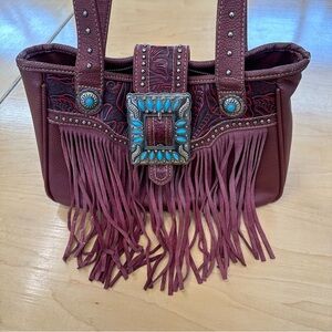 Trinity Ranch Leather Fringe Purse With Turquoise Buckle Inlay - Burgundy